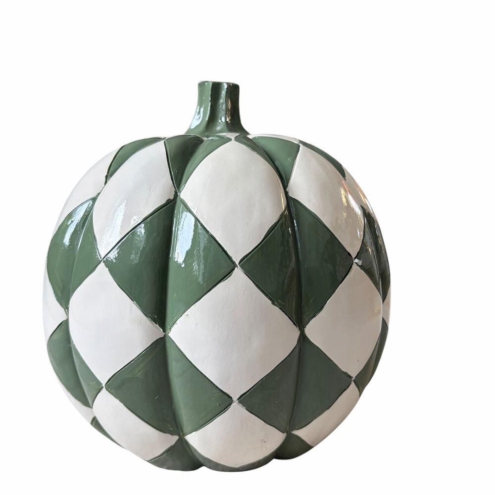 Green & White Checkered Pumpkin 10in Ceramic Chic Fall Home Decor New - Picture 14 of 15